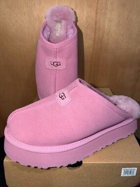 NEW UGG Pink Suede Slip-On Shearling Clog Slippers
